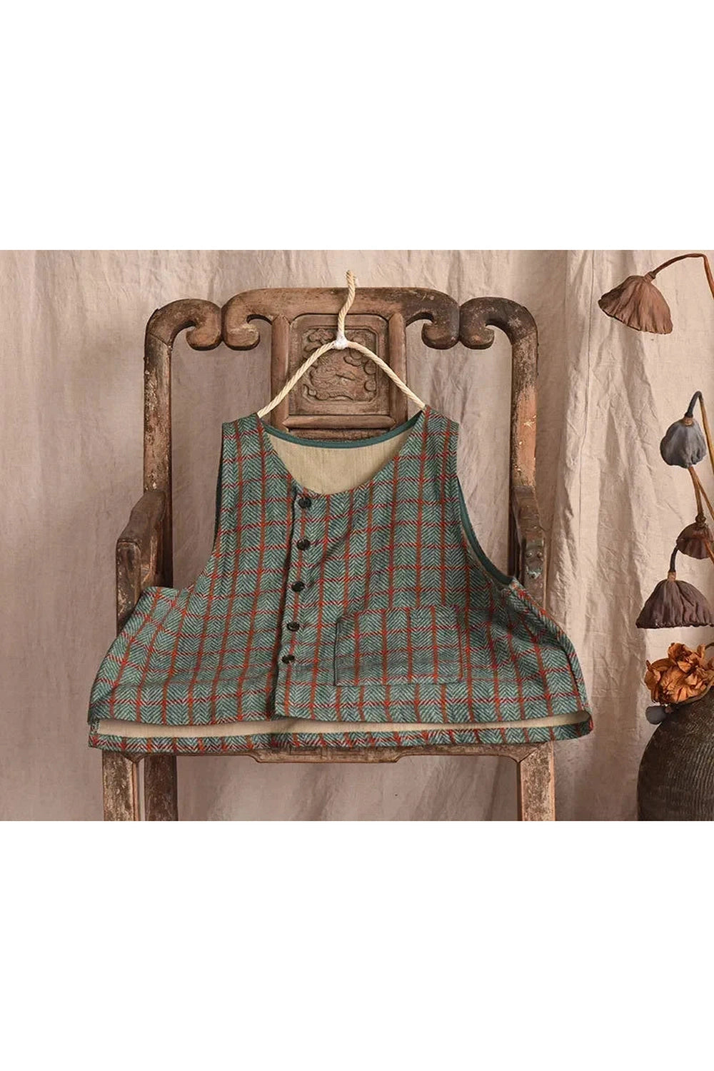 Plaid Cotton Linen Fall Vest Coat