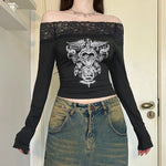 Vintage Tattoo Print Bardot Long Sleeve Top