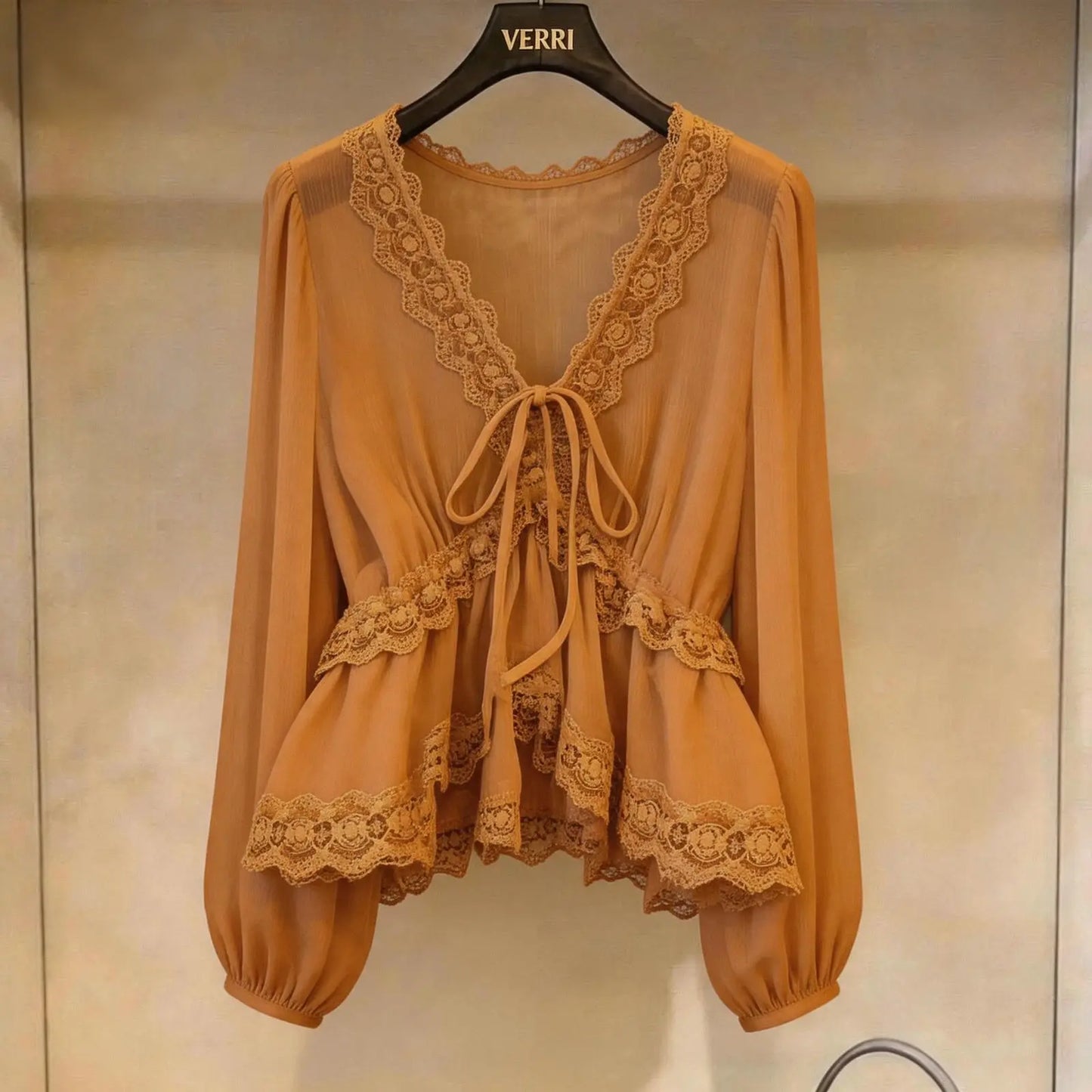 Ethereal Lace-Trimmed Tie-Front Blouse