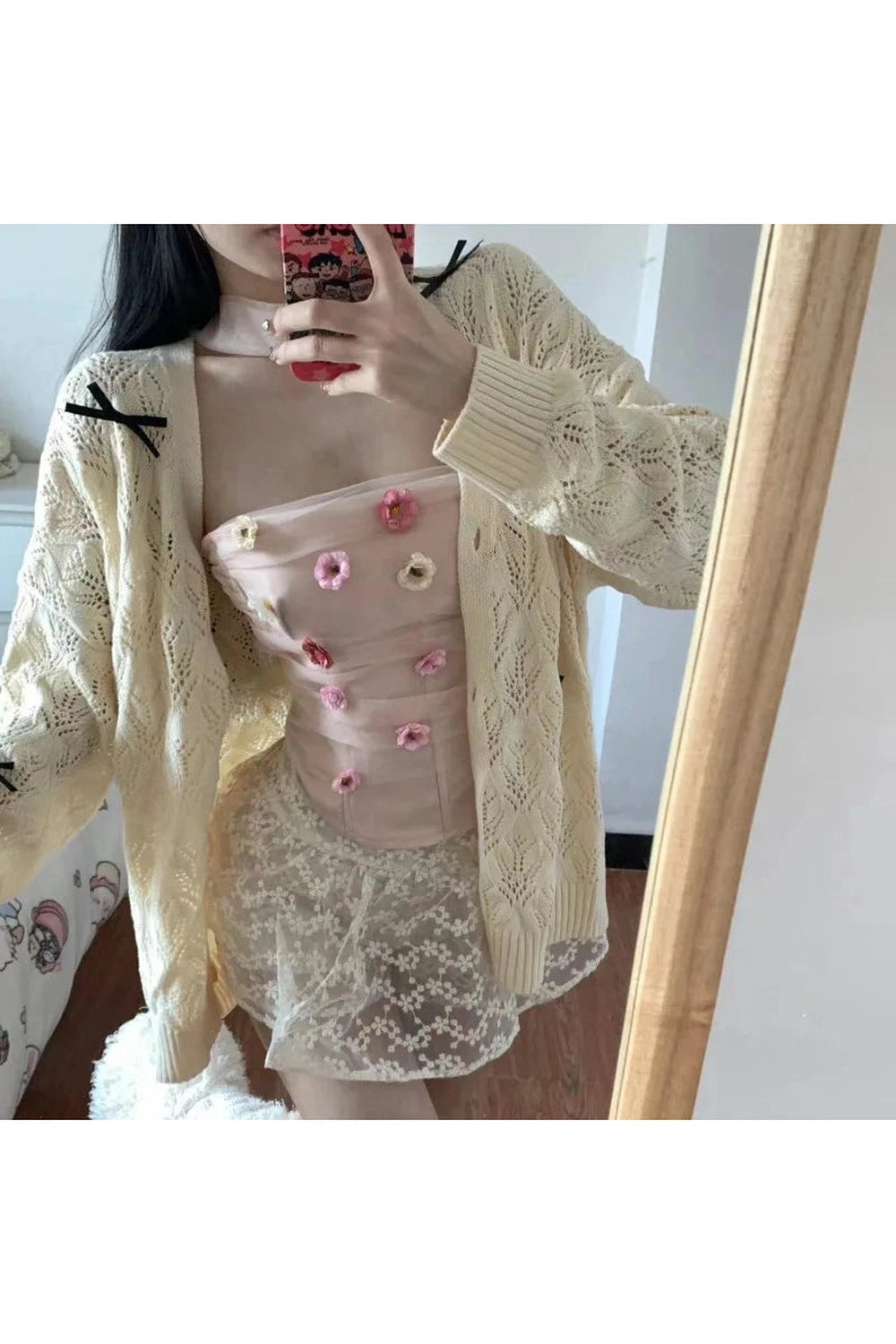 Bow-Embellished Lace Fall Cardigan