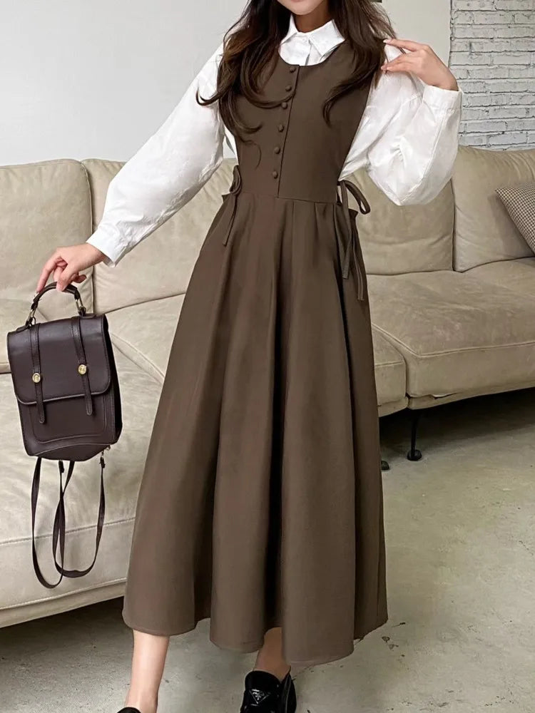 Mori Girl Button Front Layered Midi Dress