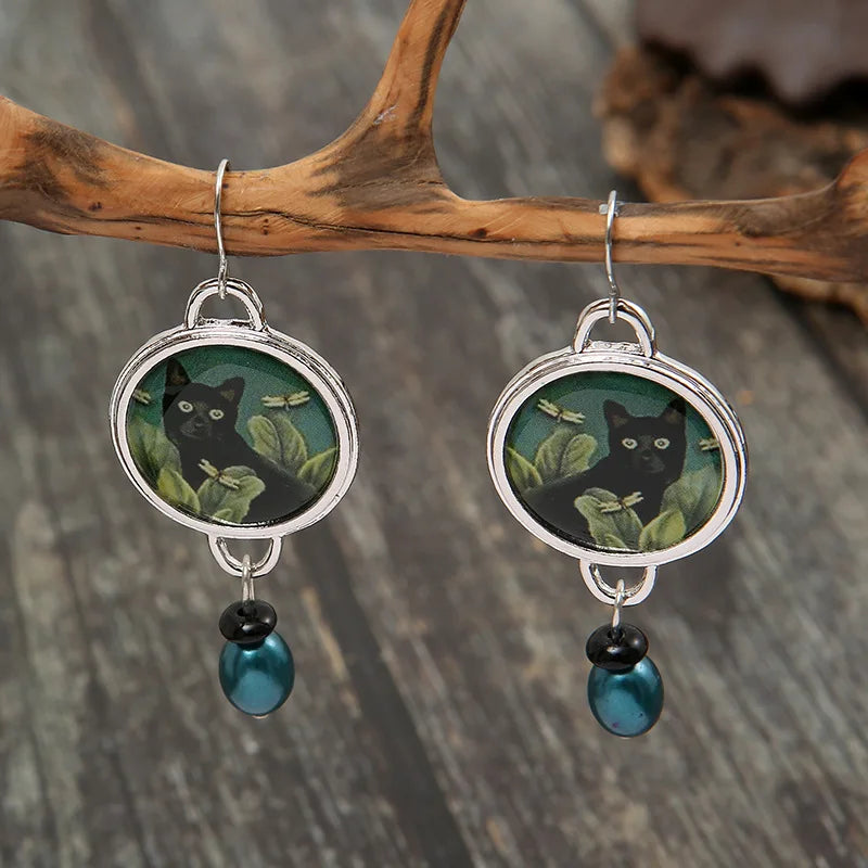 Mystic Black Cat Forest Earrings