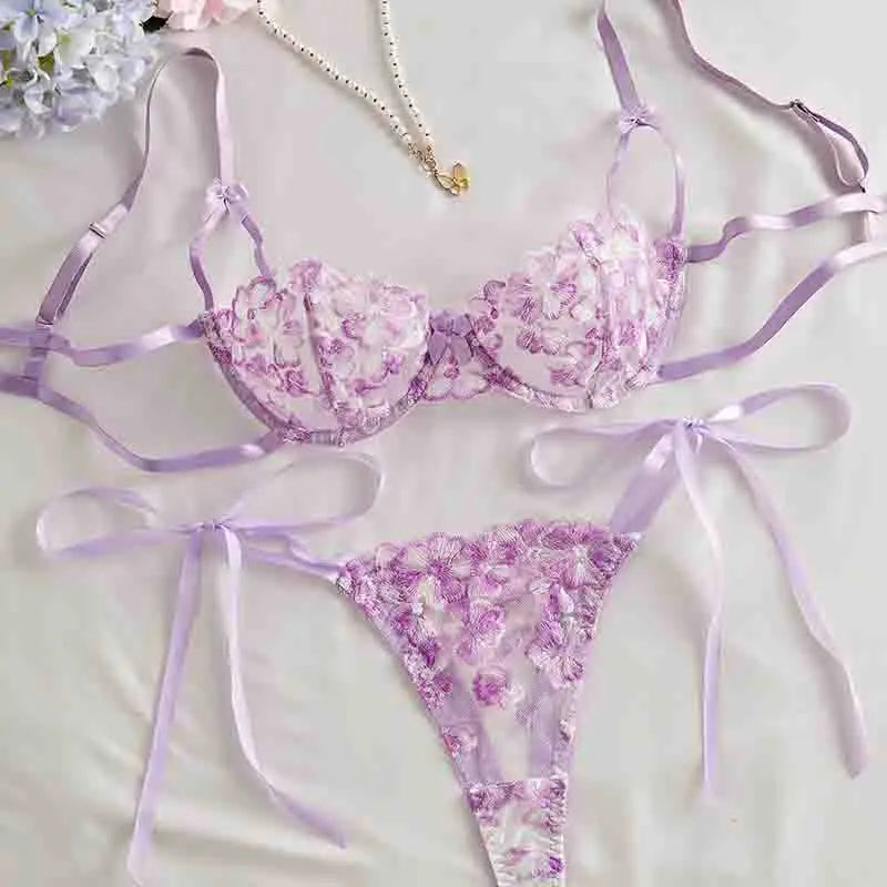 Ethereal Forget-Me-Not Embroidered Lingerie Set