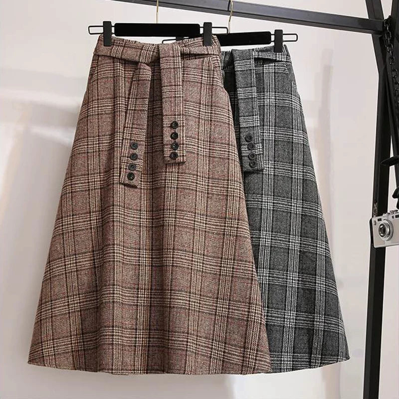 Vintage Plaid Belted Midi Skirt