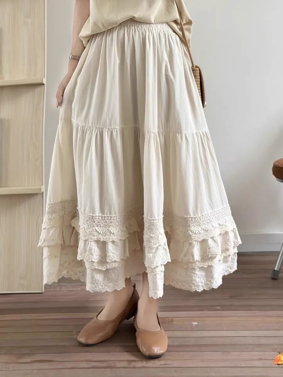 Mori Girl Ivory Cotton Tiered Lace Ruffle Midi Skirt