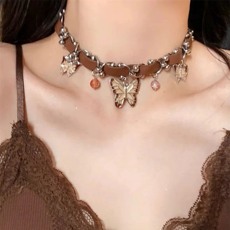 Fairycore Amber Wing Butterfly Charm Leather Necklace