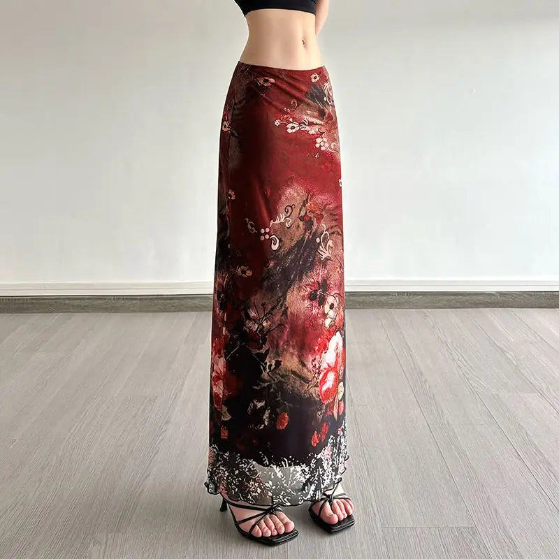 Mori Girl Ink-Bloom Floral Mesh Midi Skirt