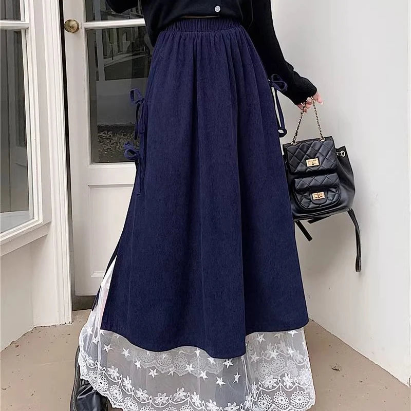 Fairycore Ivory Ribbon-Tied Lace Hem Maxi Skirt