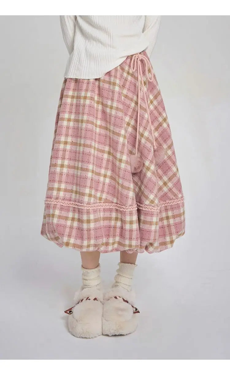 Vintage Lace-Trim Plaid A-Line Skirt