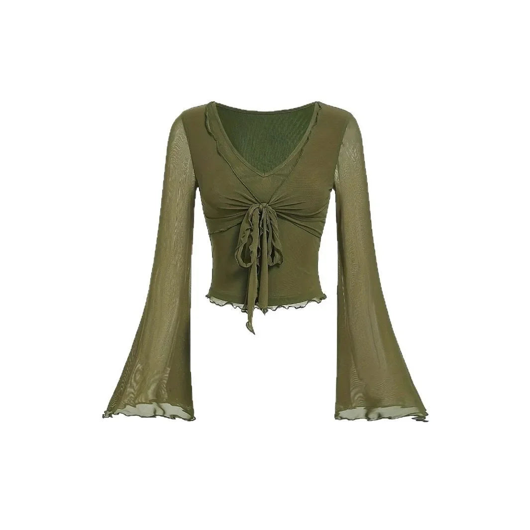Fairycore Moss Ribbon Mesh Bell Sleeve Crop Top