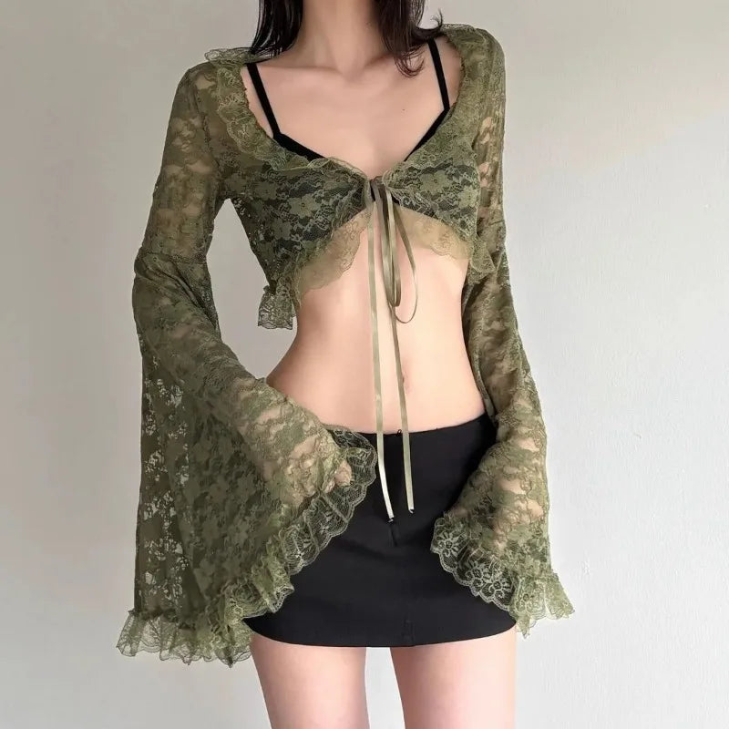 Fairycore Moss Garden Lace Flare-Sleeve Crop Top
