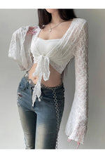 Vintage Lace-Up Flared Sleeve Wrap Blouse