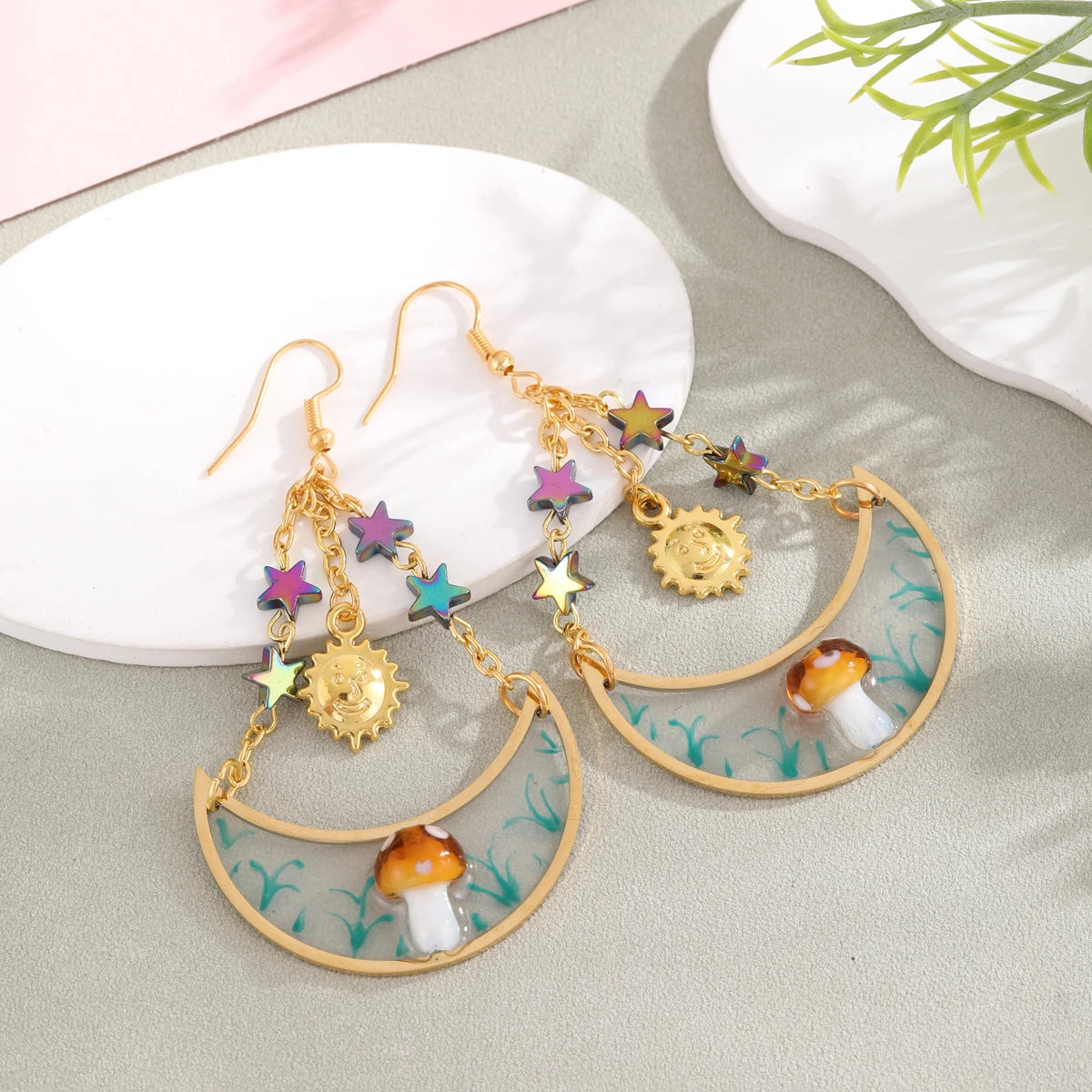 Fairycore Crescent Moon and Starry Mushroom Earrings