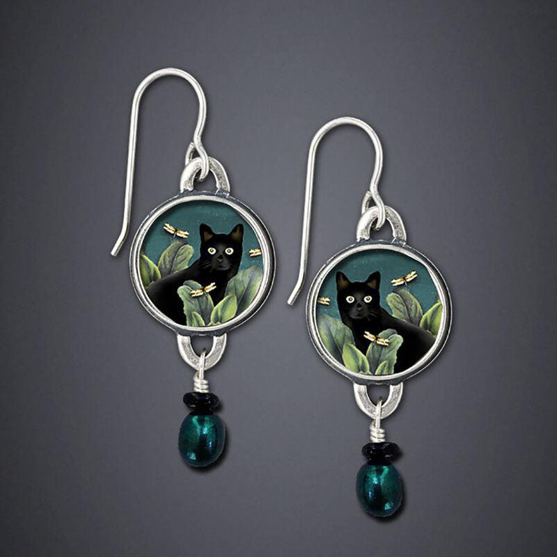 Mystic Black Cat Forest Earrings