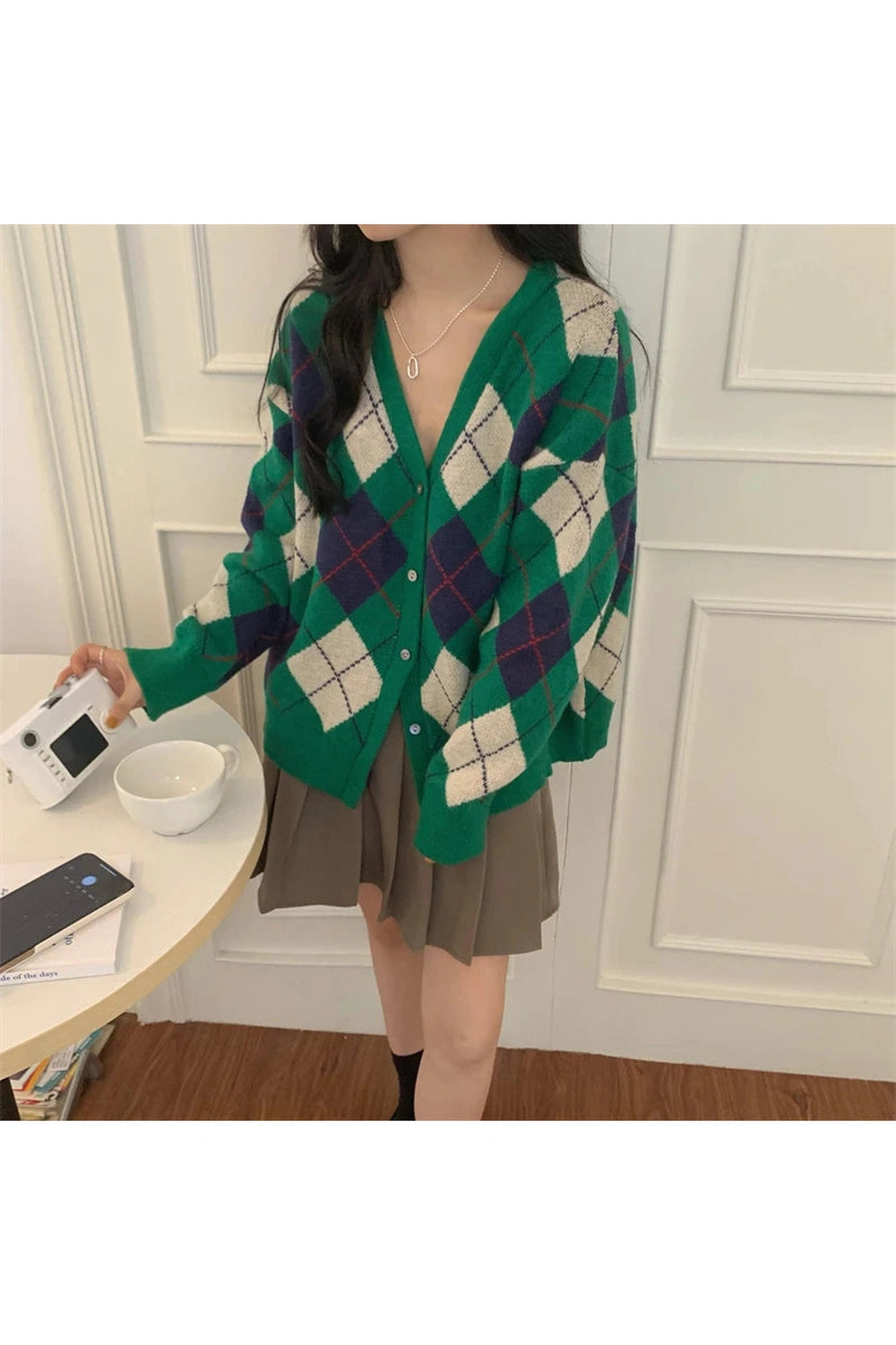 Retro Argyle Knit Fall Cardigan