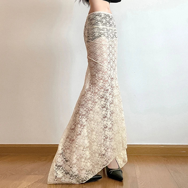 Fairycore Ivory Lace Flared Maxi Skirt