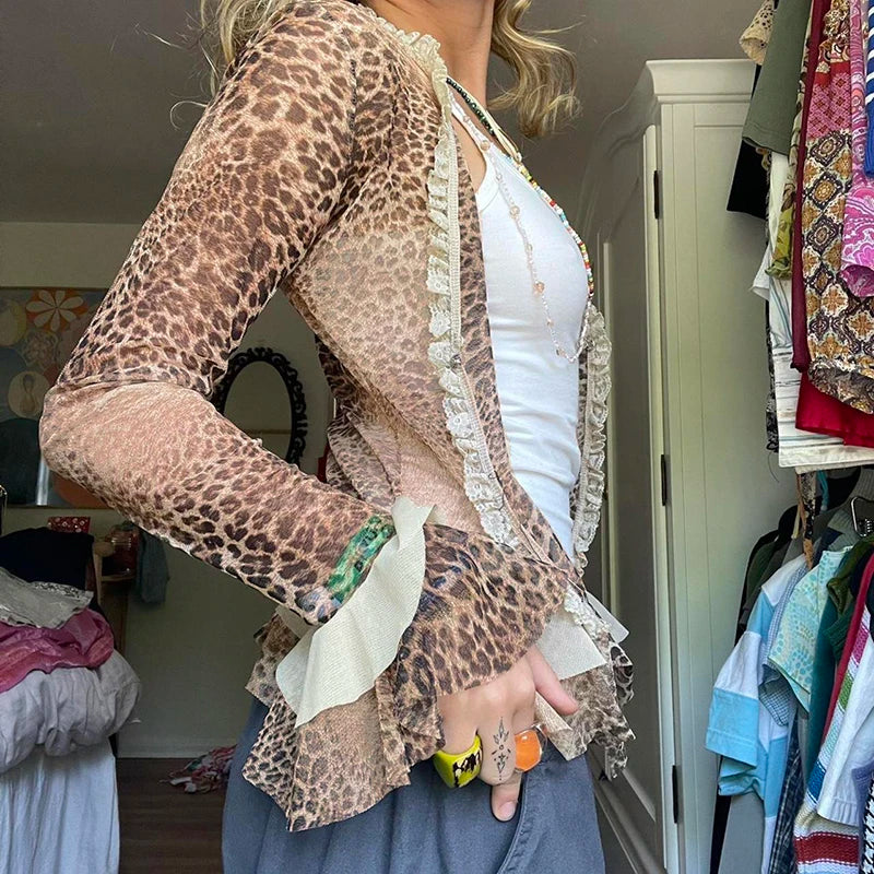 Retro Sheer Leopard Bell Sleeve Top