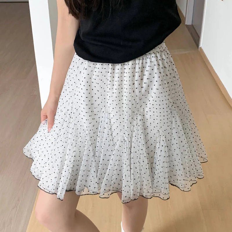 Retro Aesthetic Polka Dot Chiffon Ruffle Mini Skirt