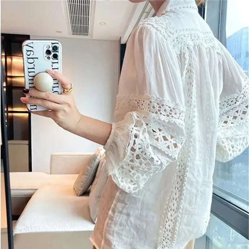 Vintage Lace Puff Sleeve Button-Up Blouse