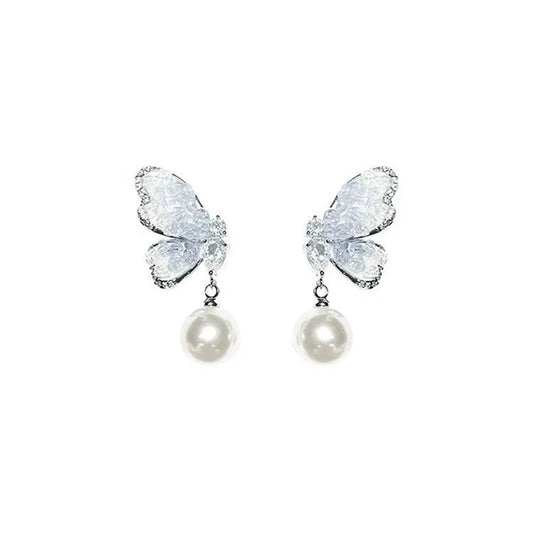 Ethereal Crystal Butterfly & Pearl Drop Earring
