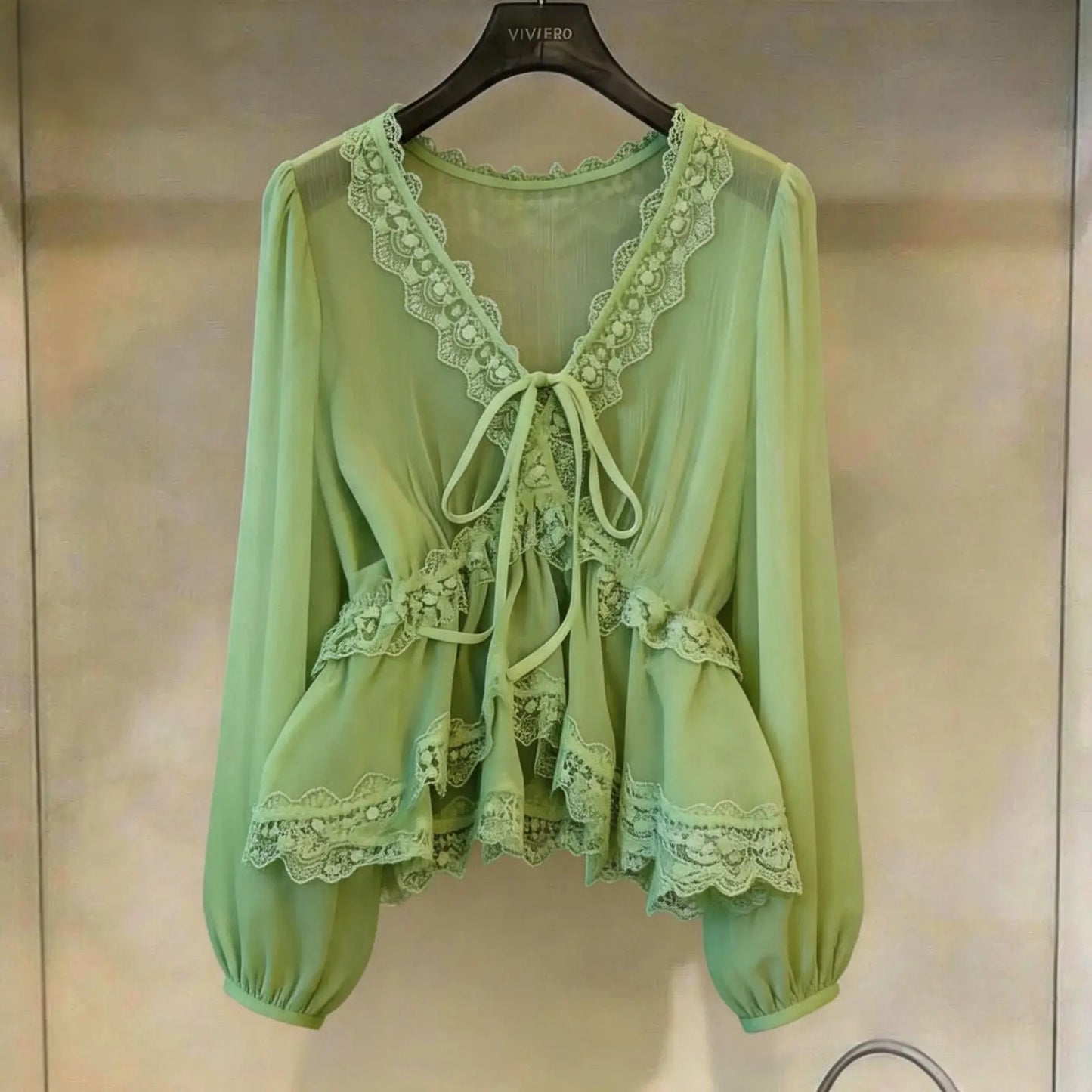 Ethereal Lace-Trimmed Tie-Front Blouse