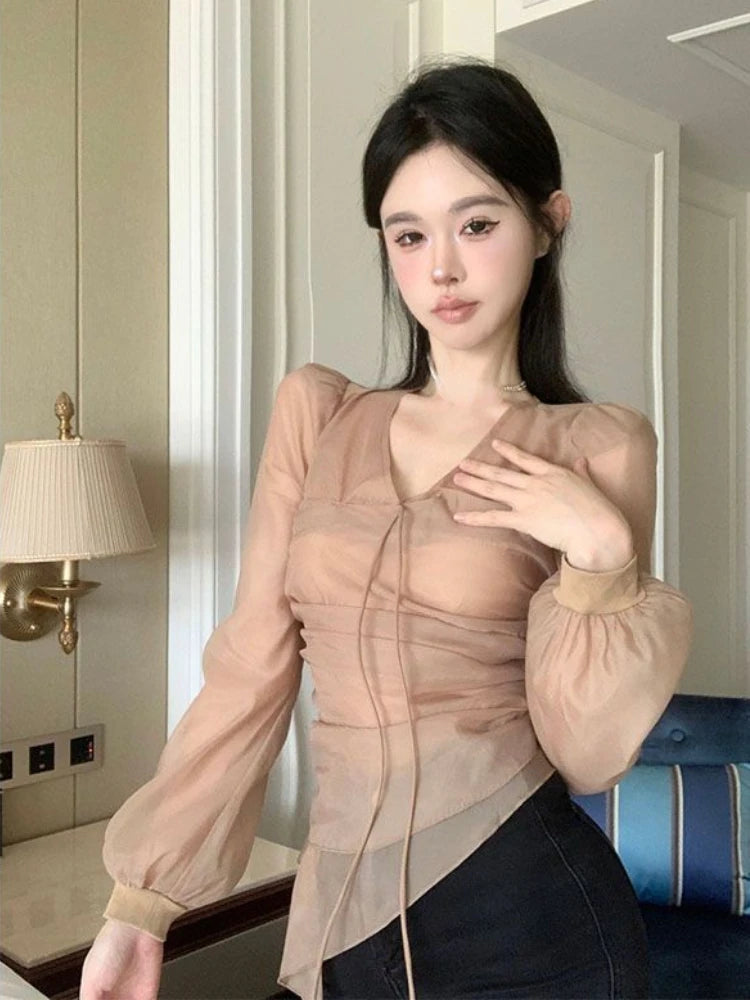 Fairycore Sheer Ruched V-Neck Blouse