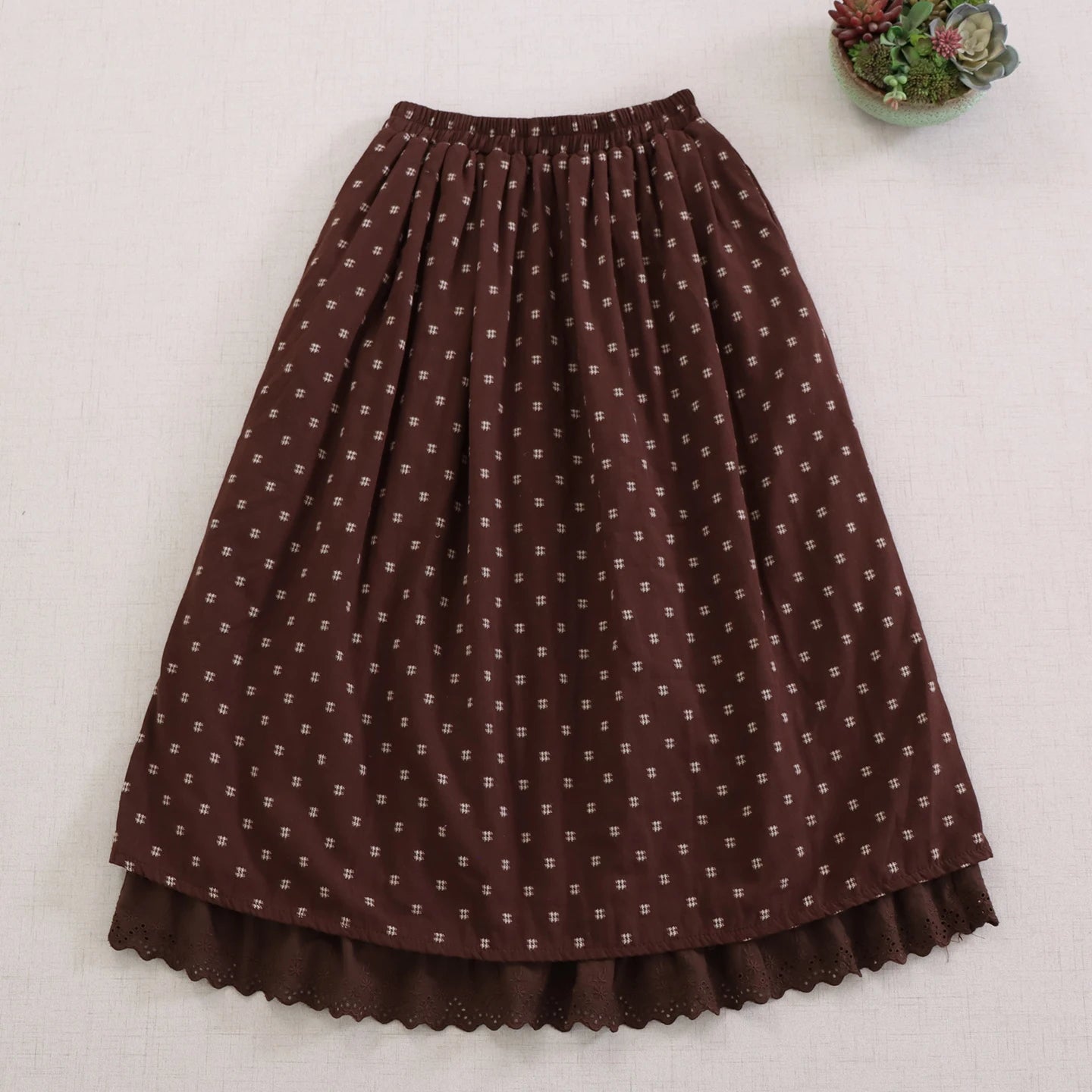 Dark Cottagecore Eyelet Hem Double-Layer Midi Skirt