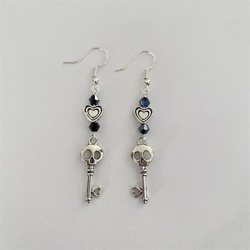 Vintage Heart and Skull Key Earrings