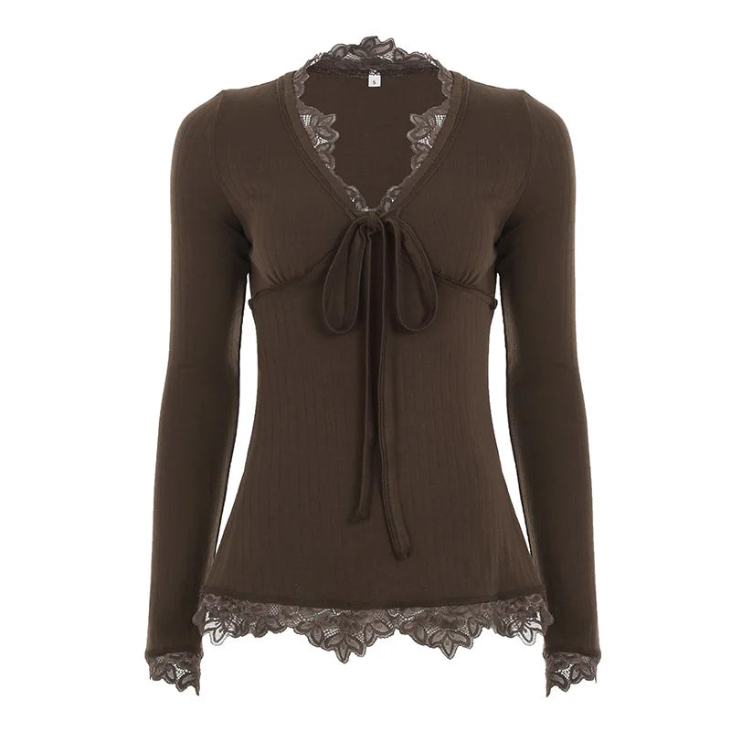 Dark Cottagecore Lace-Trim Bow T-Shirt in Mocha