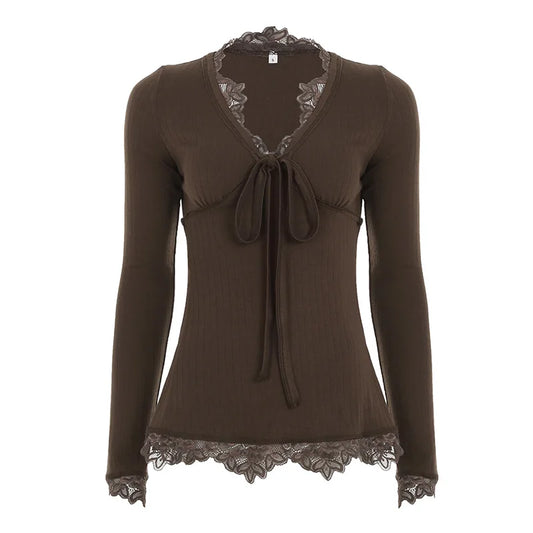 Dark Cottagecore Lace-Trim Bow T-Shirt in Mocha