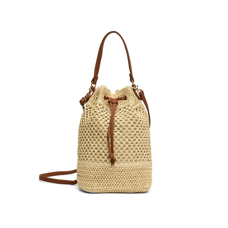 Cottagecore Woven Straw Drawstring Bucket Bag