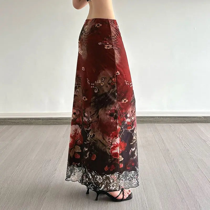 Mori Girl Ink-Bloom Floral Mesh Midi Skirt