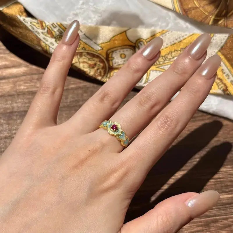 Vintage Aesthetic Celestial Cloud Ruby Bloom Ring