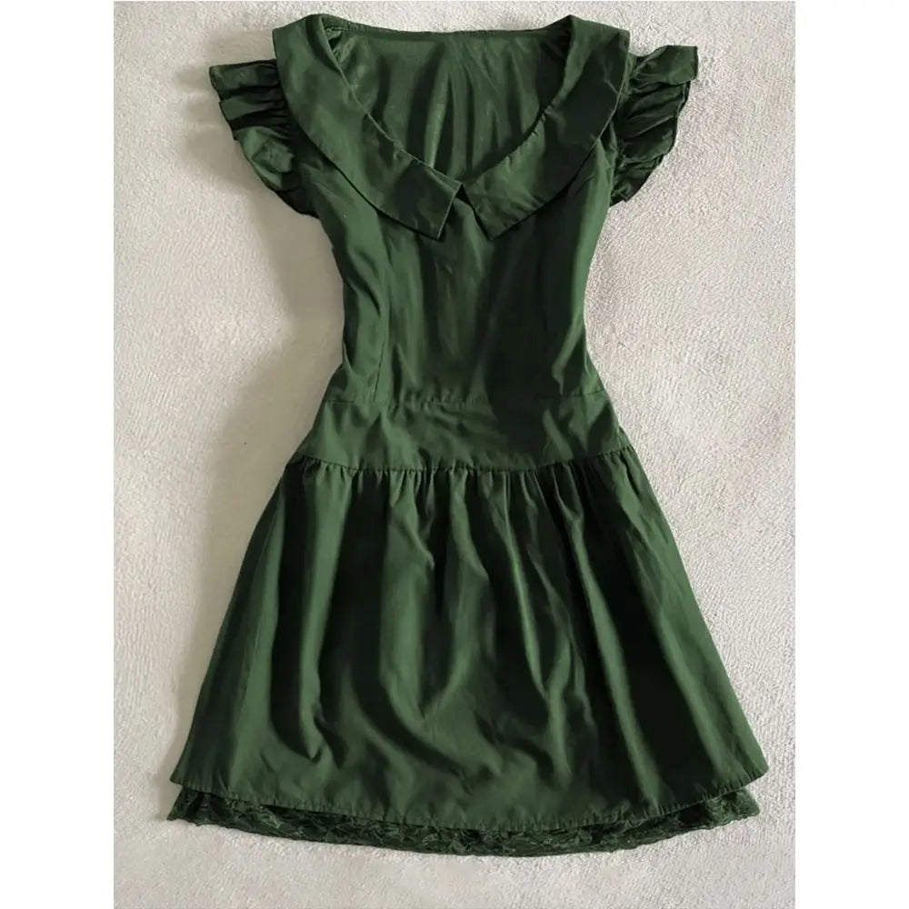 Dark Green Forestcore Ruffle Dress