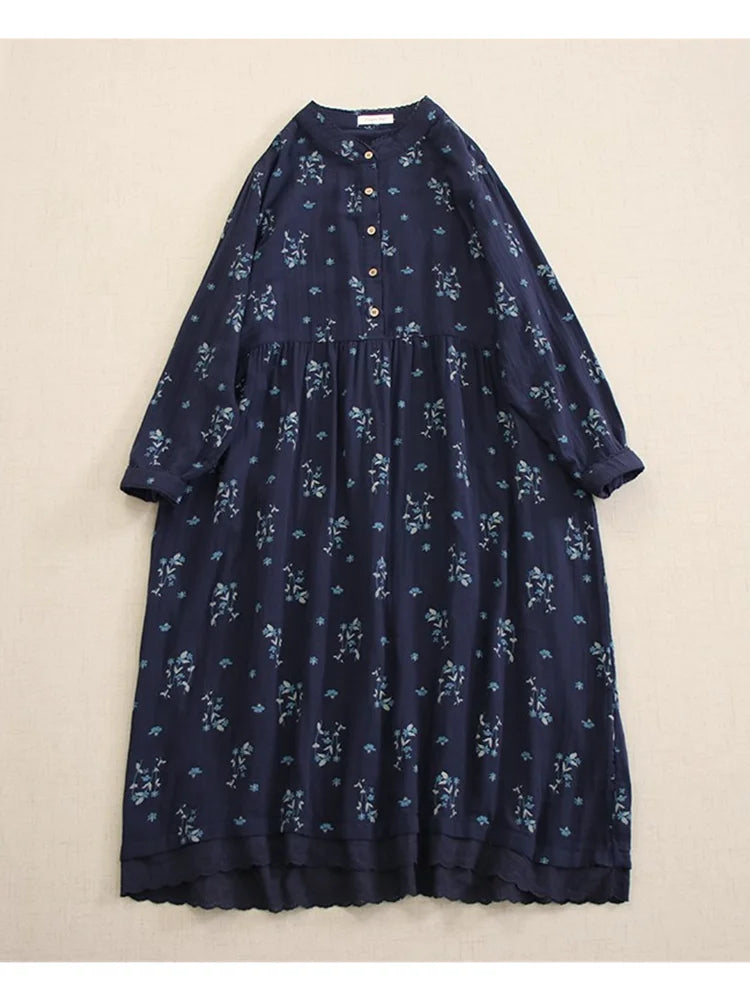 Mori Girl Wildflower Linen Midi Dress