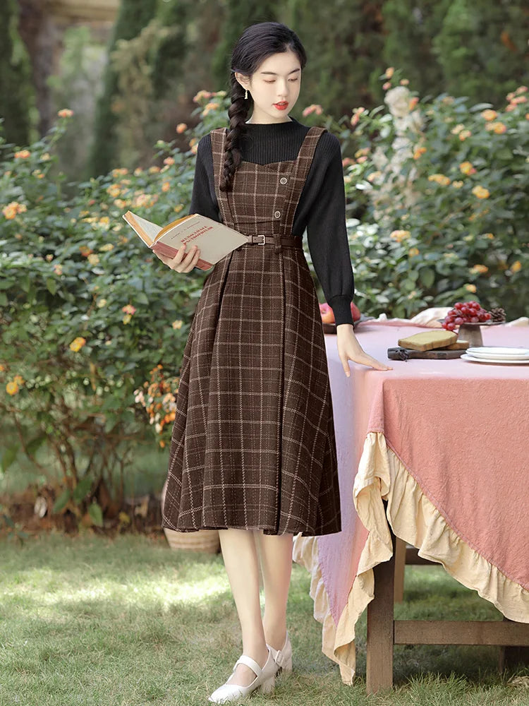 Retro Brown Plaid Apron Dress