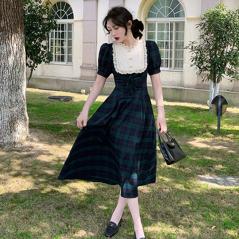 Vintage Plaid Puff Sleeve Midi Dress