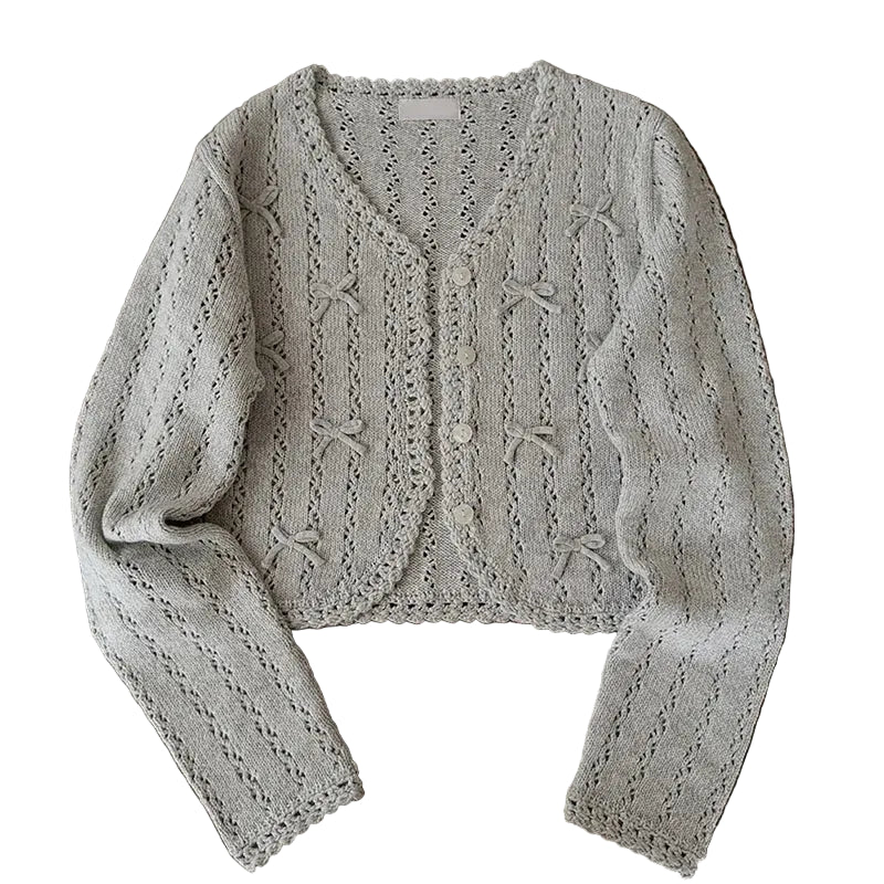 Fairycore Ribbon Bow Open-Knit Cropped Cardigan