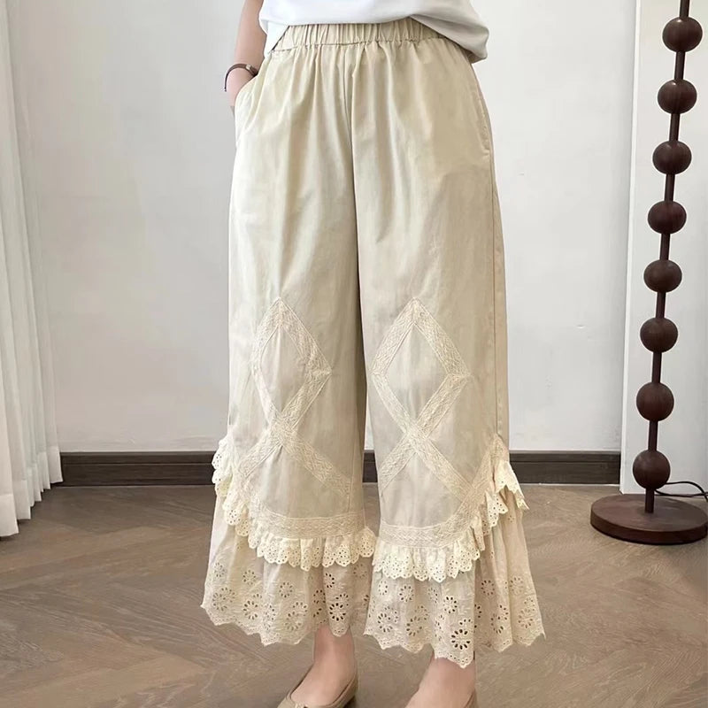 Mori Girl Eyelet Ruffle Flare Trousers in Antique Cream