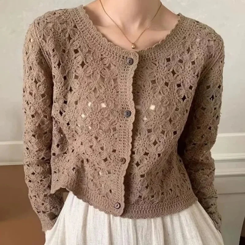 Vintage Brown Floral Lace Knit Cardigan