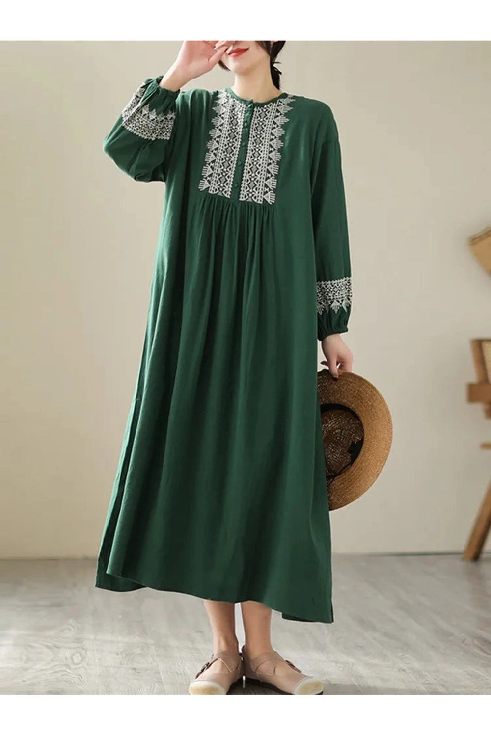 Geometric Embroidery Cotton Dress cottagecoreclothes