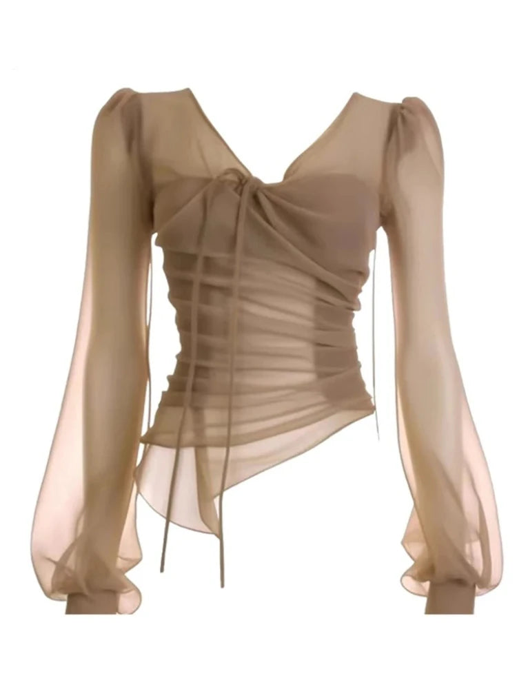 Fairycore Sheer Ruched V-Neck Blouse