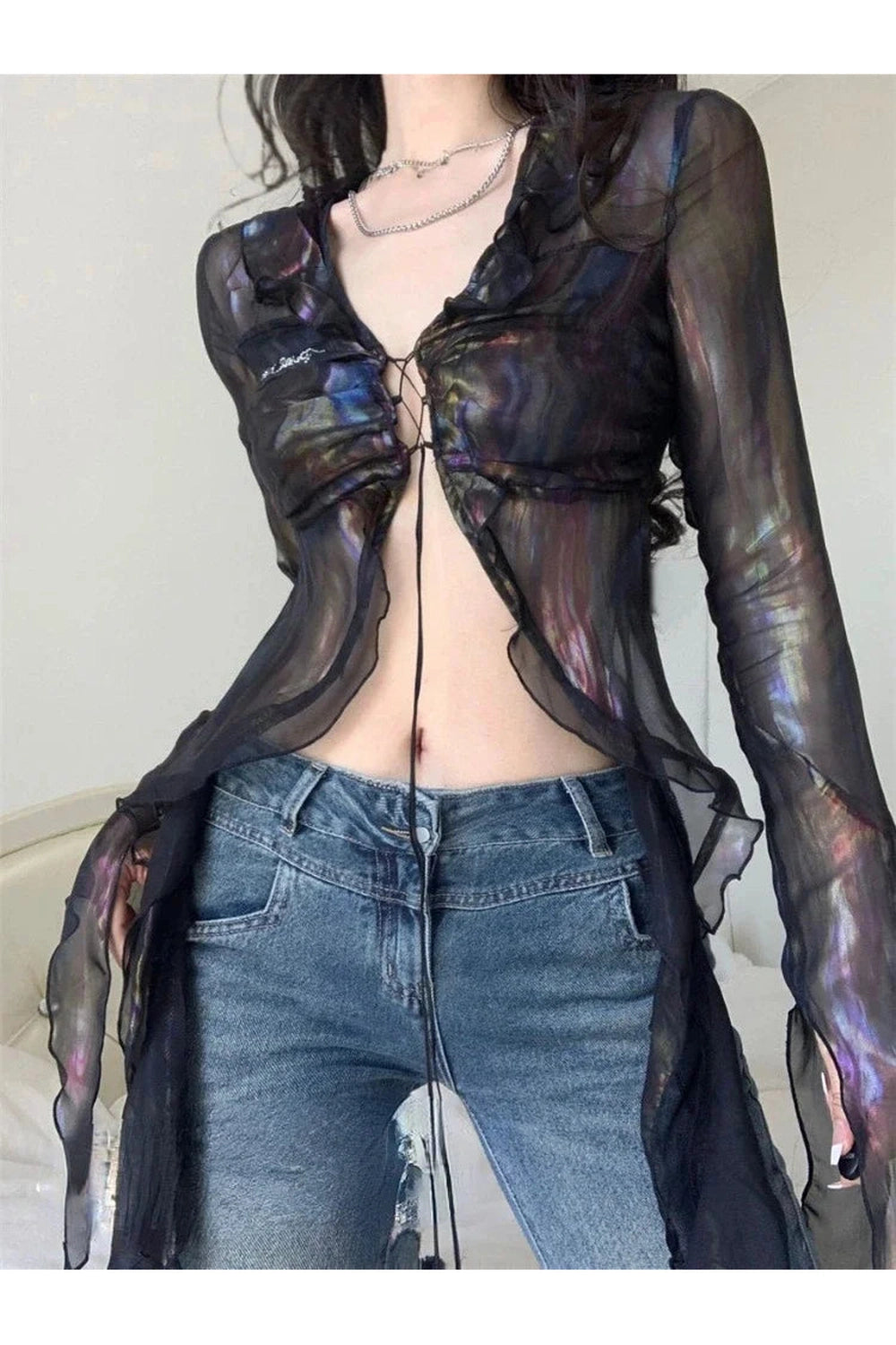 Fairycore Iridescent Sheer Tie-Front Top