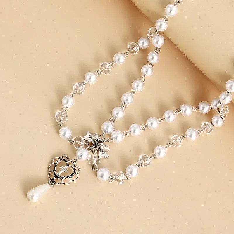 Pearls Heart Cross Necklace