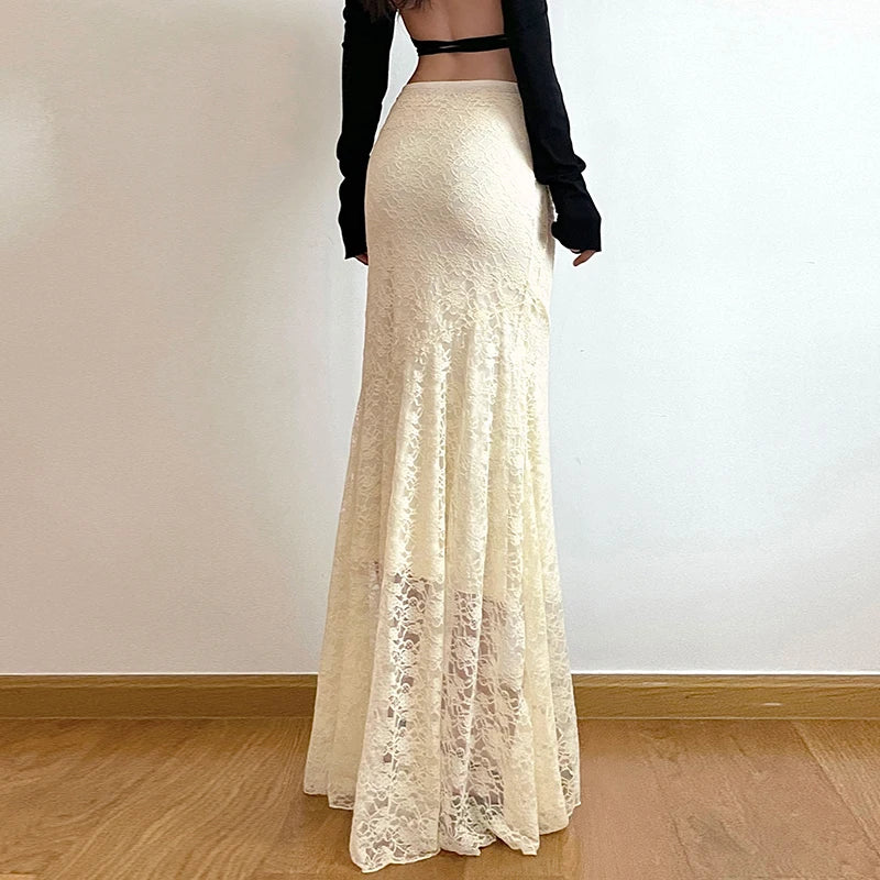 Fairycore Ivory Lace Flared Maxi Skirt