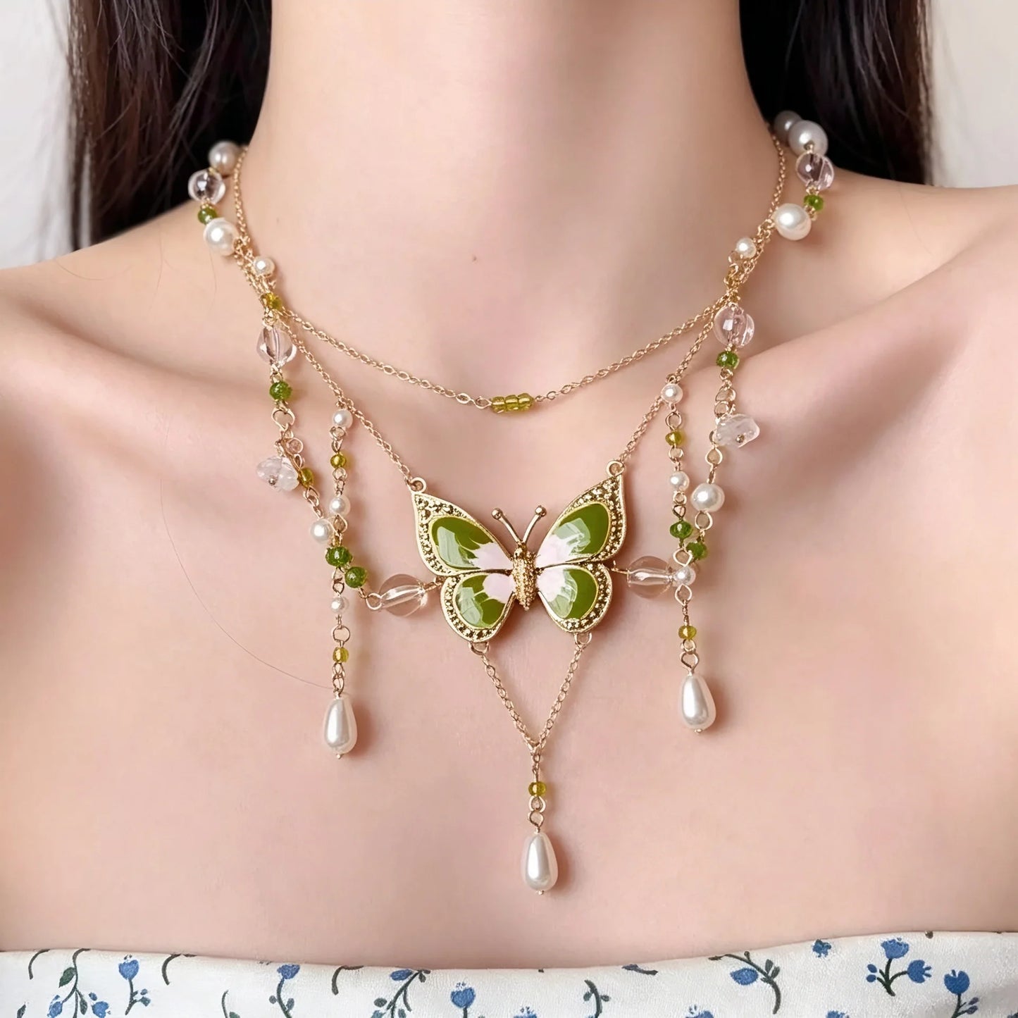 Fairycore Moss Butterfly Pearl Cascade Necklace