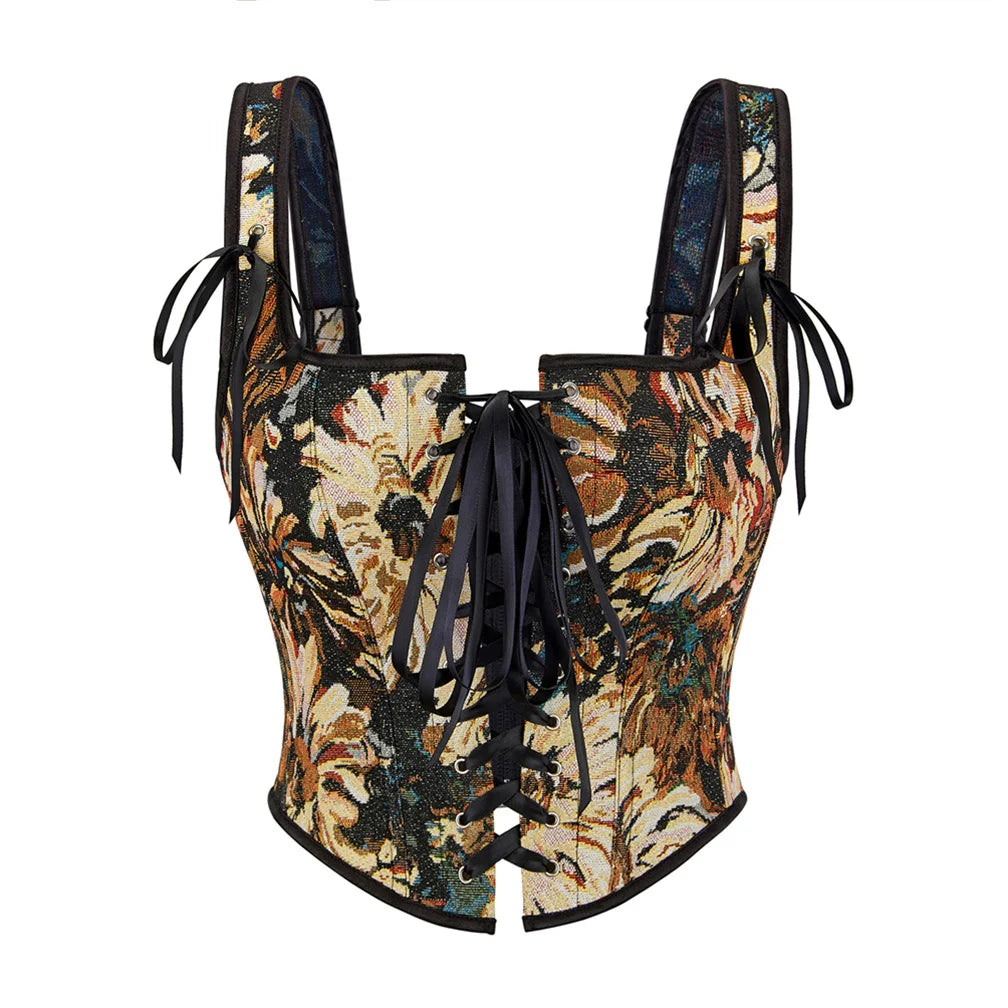 Vintage Aesthetic Tapestry Floral Lace-Up Corset