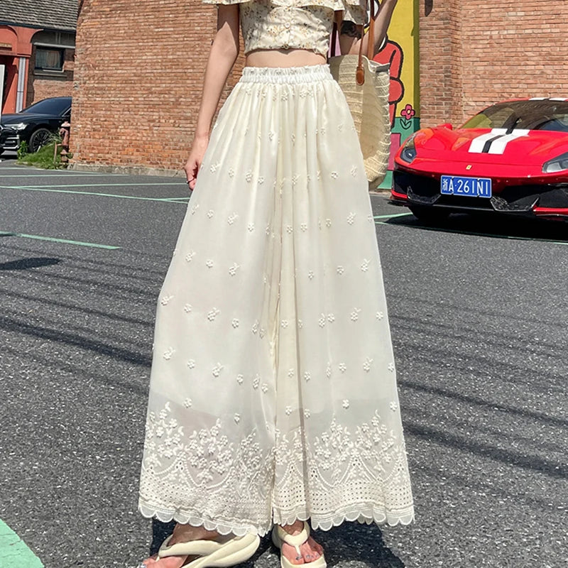 White Cottagecore Lace Wide Leg Pants