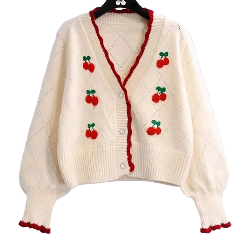 Retro Cherry Knit Button Cardigan