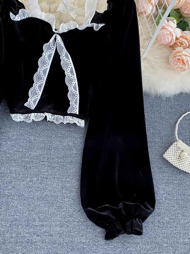 Vintage Black Velvet Bow-Tie Lace Top